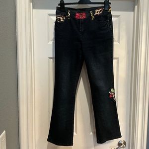 DG2 BY DIANE GILMAN PATCHWORK FLORAL EMBROIDERED JEANS, BLUE PINK MULTI, SIZE 4P